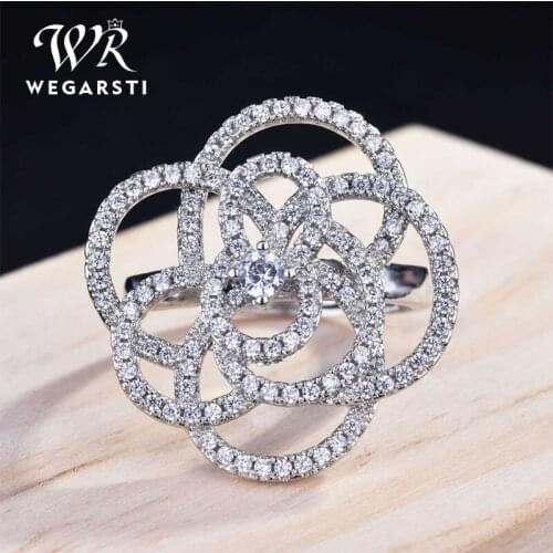 WEGARSTI Basic Clear Zirconia Finger Flower Ring 925 Sterling Silver Women Engagement Wedding Band Ring