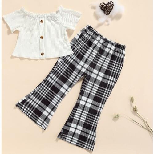 FOCUSNORM 1-6Y Fashion Kids Girls Clothes Sets 2PCS Off Shoulder Solid Short Sleeve T Shirts Plaid Flare Pants