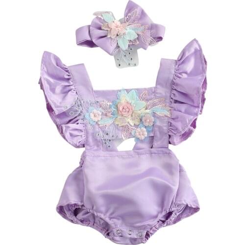 Toddler Baby Girls Embroidery Rompers Cute Ruffles Fly Sleeve Backless Jumpsuit Flower Bow Headband Summer Baby Clothes 0-18M
