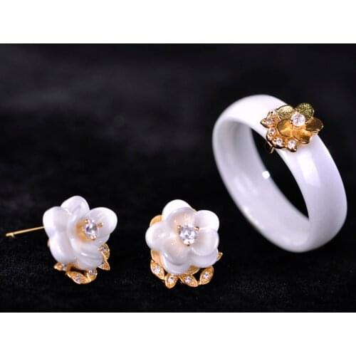 Madrry CZ Zircon Ceramic Jewelry Sets Earrings & Rings Women Man White/Black Porcelain Rose Flower Aretes Wide Aros Anel Bijoux