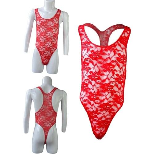 Mens sexy underwear one-piece breathable penis bag briefs high-fork lace transparent breathable boxer one-piece alternative