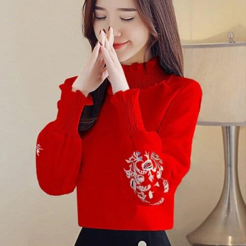 Autumn Turtleneck Puff sleeve Top Women Ruffle White Blouse Loose Elegant Ladies Office Shirt Embroidery Long sleeve Bottoming