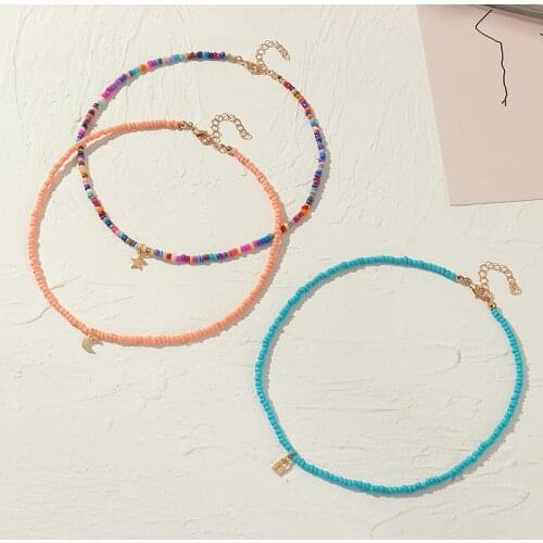 3PCS/SET Bohemia Colorful Seed Bead Choker Necklace Statement Short Collar Clavicle Chain Necklace for Women Girls Beach Jewelry