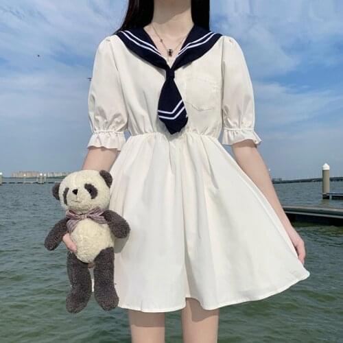 Japanese College Style Sailor Dress Women Summer 2021 New Sweet Cute Short Sleeve Big Hem Midi Dresses Female White Girls Dress