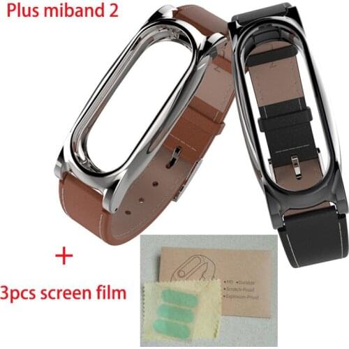 Adjustable Plus Genuine Leather Strap for Xiaomi MiBand 2 Metal Mi Band 2 Screwless Watchband Replace Belt Accessories free film
