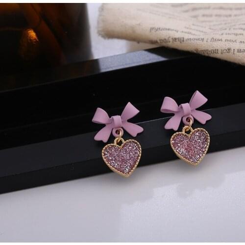 Crystal Heart Dangle Earrings For Women Girls Korean Fashion Elegant Temperament Style Bow Knot Heart Earrings Fashion Jewelry