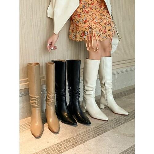 EshtonShero Mid Calf Boots Women New Winter Shoes Women Fashion Pleated Low Heels Boots Long Black Woman Footwear