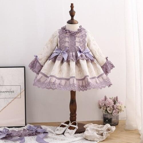 Spring Baby Girl Bow Violet Long Sleeve Princess Dress Vintage Spanish Lolita Palace Children Toddler Infant Clothes