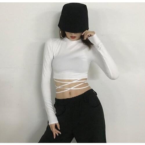 2021 Spring And Autumn Short High-Waist Lace-Up T-Shirt Womens Tight Long-Sleeved White Crop Top Sexy Fashion Jazz Dance Top