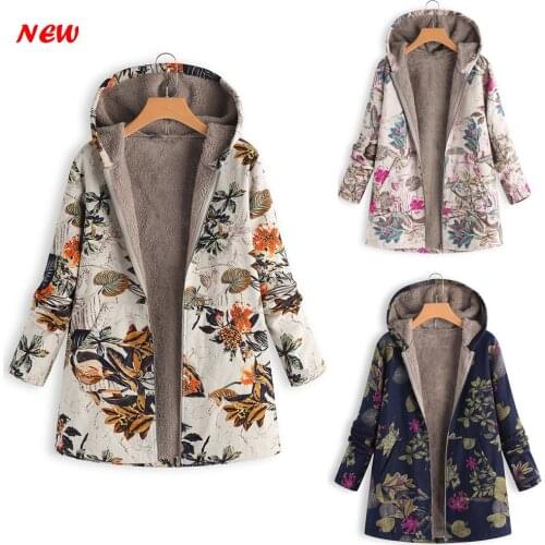 Womens Winter Warm Outwear Twill snowflake Floral Print Hooded Pockets Vintage Oversize Coats long thick coat