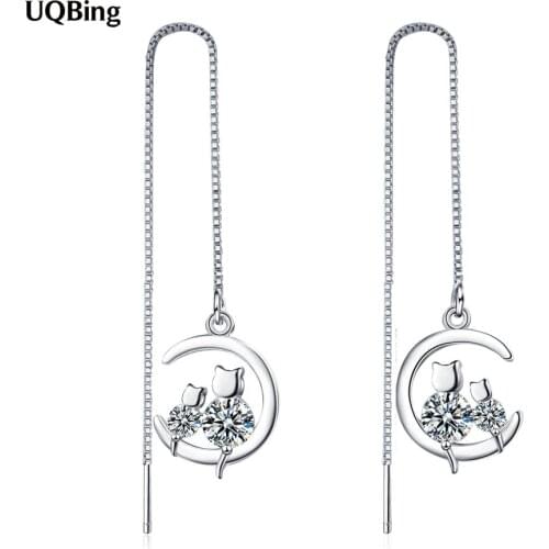 925 Sterling Silver CZ Zircon Moon Double Kitty Long Ear Line Earrings For Women Jewelry Gifts Wholesale