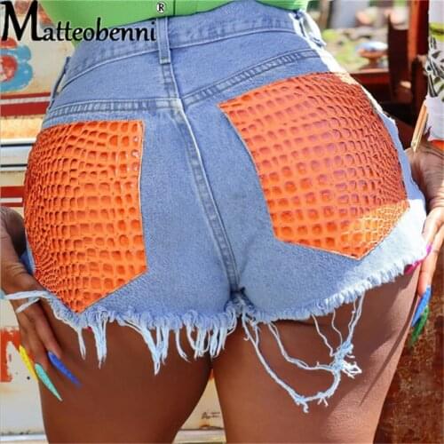 2021 Summer Women New Pocket Patchwork PU Super Shorts Fashion Sexy Skinny Tassel Denim Shorts Wild Streetwear Stretchy Bottoms