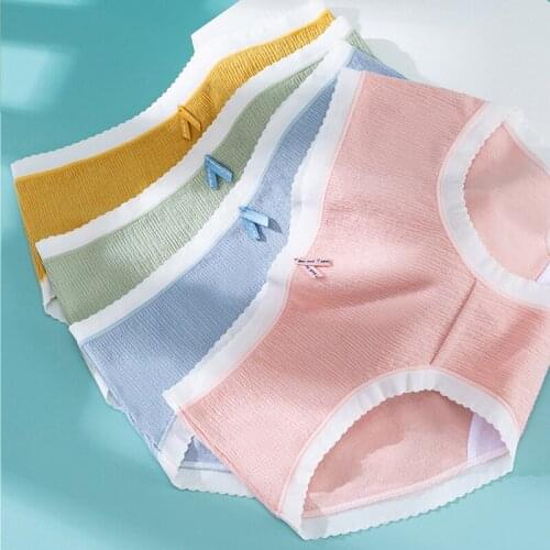 Wasteheart New Women Fashion Yellow Pink Blue Green Cotton Mid Waist Panties Underwear Lingerie Briefs Underpants Briefs M L