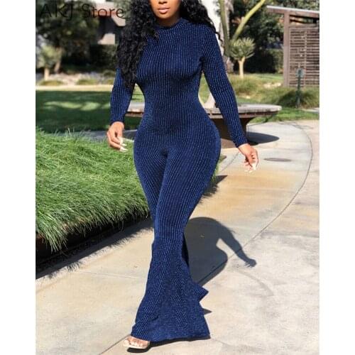 Women Bright Stripe Long Sleeve Skinny Flare Jumpsuits Plus Size Romper Pants