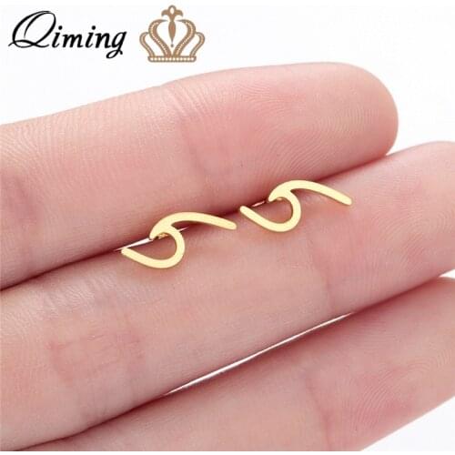 QIMING Tiny Ocean Beach Wave Earrings For Women Gold fashionstainless Steel Simple Jewelry Cheap Stud Earrings Ear Piercing