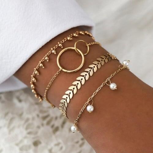 Boho Metal Sequins Bracelets & Bangles Set For Women Vintage Gold Bead Letter Pearl Charm Bracelet Jewelry Accessories 2020