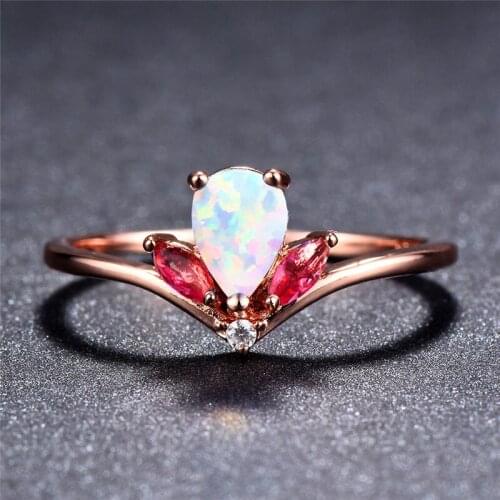 JUNXIN Women Girls White/Blue Fire Opal Stone Ring Fashion 18KT Rose Gold Filled Jewelry Vintage Wedding Engagement Ring