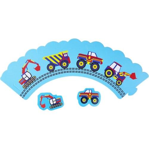 24pcs Cartoon Construction vehicle Cupcake Cake Wrappers Toppers Baby Shower Kids Children Birthday Party Decorative Supplies