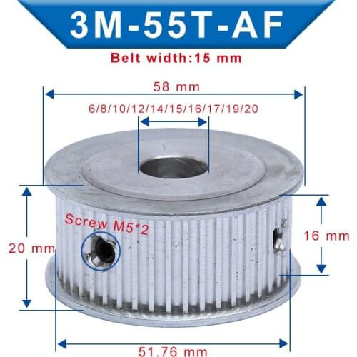 3M-55T Pulley AF Shape Bore 8/10/12/14/15/16/17/19/20 mm pulley wheel Slot Width 16 mm Fit For 3M-Rubber Timing Belt Width 15 mm