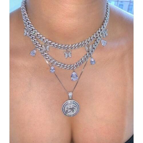 41+10CM Extend Box Chain Geometric Round Coin Pendant Engraved Evil Eye Lucky Iced Out Bling CZ Women Necklace