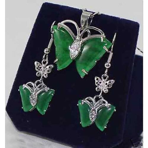 AAA NEW Jewelry green Jades pendant necklace earring. set 17inch