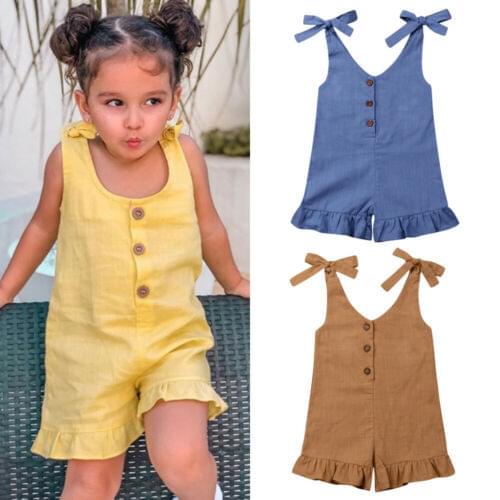 Kids Baby Girl Summer Solid Cotton&Linen Romper Jumpsuit Overalls Outfits Sunsuit Sleeveless Lace Up Tops Rompers 1-6Y