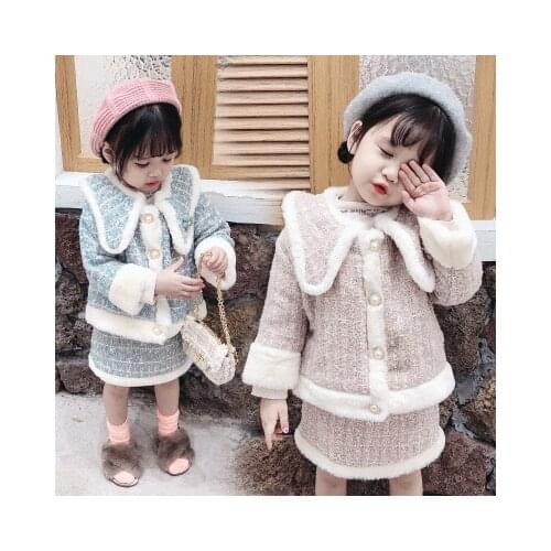 New girl baby baby small fragrance wind pointed collar spell wool dress suit winter children thicken cotton coat two-piece suit