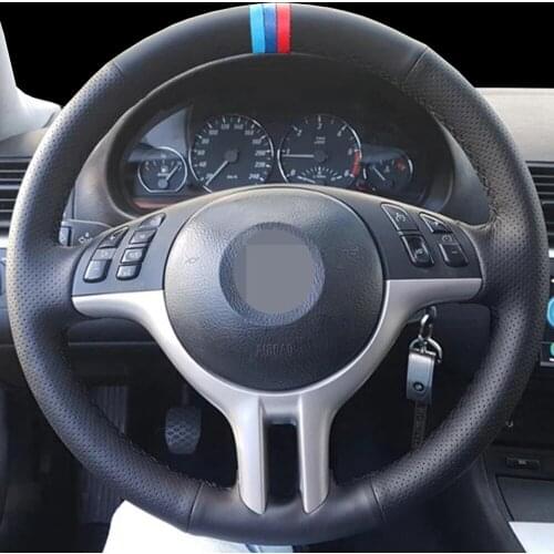 DIY Black Artificial Leather Wear-Resistant Hand-Sewn Car Steering Wheel Cover For BMW E39 E46 325i E53 X5 X3 3-Color Stripes