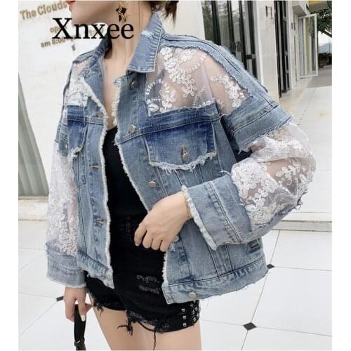Floral lace Denim Jacket Summer Long SleeveJeans Jackets Womens Coat Loose Stitching Perspective Top Jacket Ladie see througth