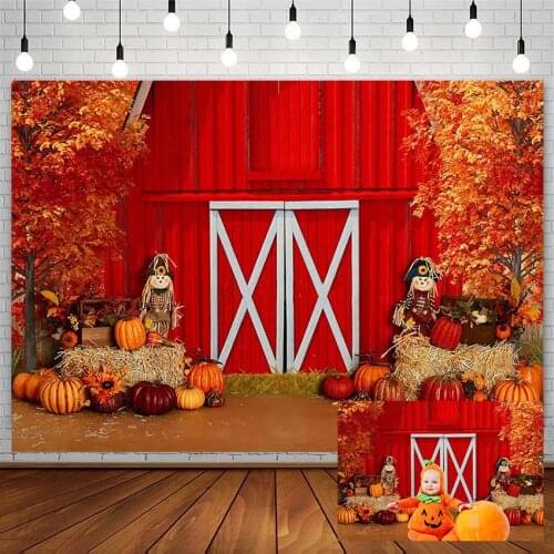 Autumn Pumpkin Photography Backgrounds Fall Red Barn Haystack Maple Leaf Baby Shower Backdrop Photo Studio Photozone Decor Props
