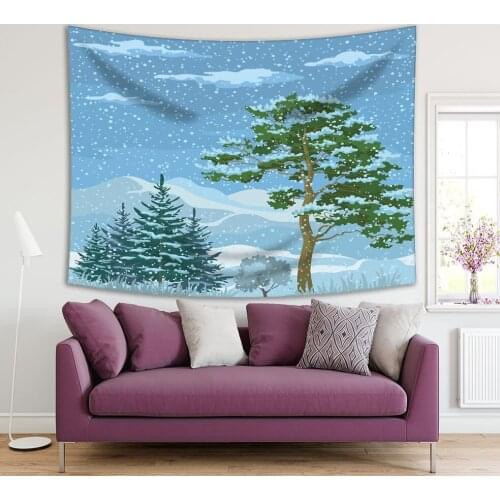 Tapestry Winter Mountain Landscape with Pine Trees Firs Green Grass and Blue Sky with Snow and Clouds Printed