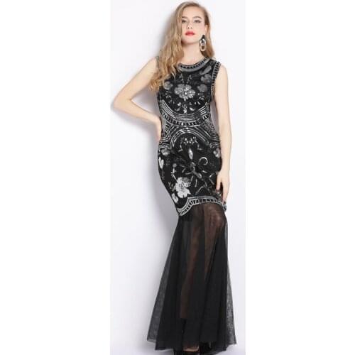 H80&S90 New Women Vintage Heavy Embroidery Floral Sequin Beaded Party Dress Sexy Flapper Banquet Art Deco Double O-neck Dress