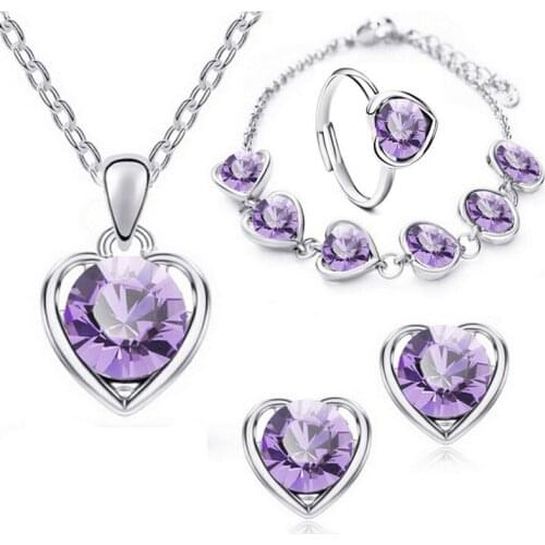 Fine jewelry 925 sterling silver suitable for ladies wedding heart silver light purple necklace earrings bracelet ring set yw069