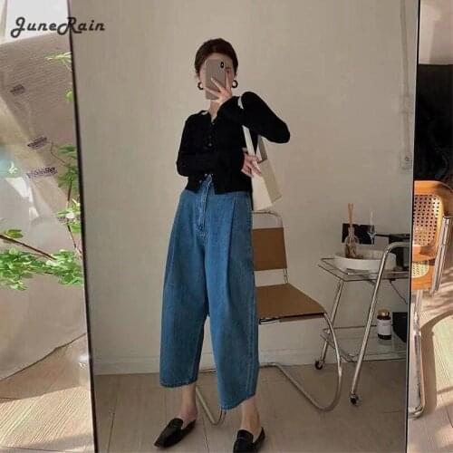 JuneRain New Women Summer Jeans High Waist Loose Denim Wide Leg Pants Casual Banana Trousers Vintage Korean Ankle Length Pants
