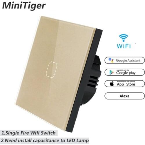 Minitiger EU/UK WIFI Smart 1 Gang Touch Switch APP Wireless Remote Light Wall Touch Switch Work With Alexa / Google Home