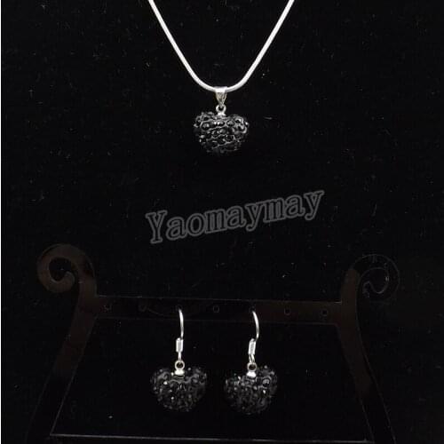 Fashion Jewelry Set Black Heart Pendant Crystal Earrings And Necklace With Silver Plated Chain 5 Sets Wholesale