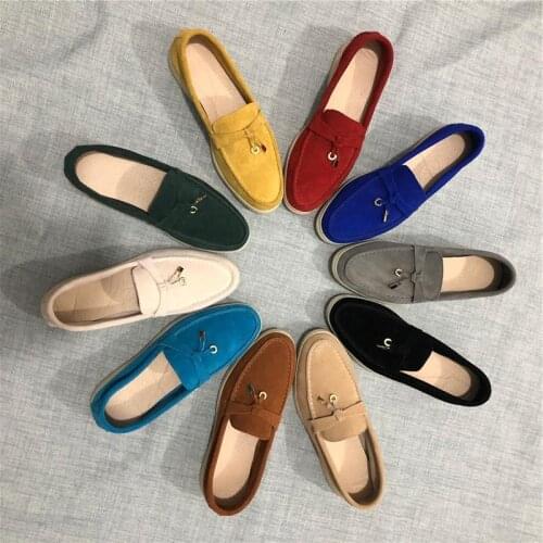 Suede Flat Shoes Women Multicolor Real Leather Slip-on Loafers Metal Lock Decor New Casual Moccasins Female Shoes Large Size 46