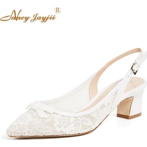 X Jenny Packham Parris Woman Pumps White Wedding Marriage Sexy Ladies Shoes Female Dress Party Slingback Lace Block Chunky Heels