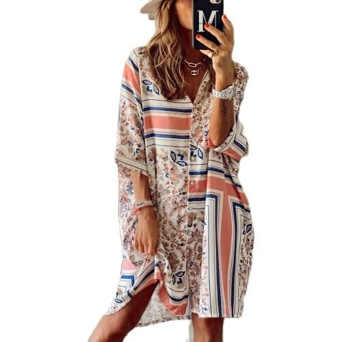 2021 New Summer Hot Sale Good Quality Factory Price Fashion Loose Geometric Pattern POLO Collar Three-Quarter Sleeve Dress Women