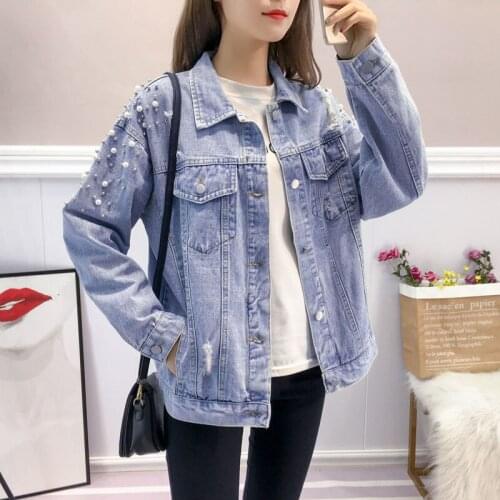 2021 Spring And Autumn New Loose And Thin Large Size Nail Bead Hole Jeans Jeans Jacket Trendy Girl