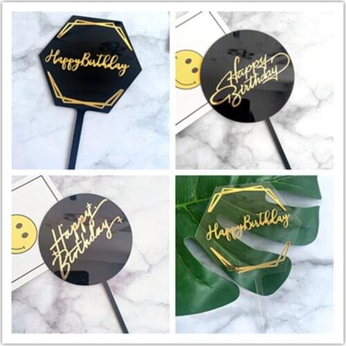 New Acrylic Happy Birthday Cake Topper Gold Foil Circle Hexagon Cake Topper For Kids Birthday Party Cake Decorations Baby Shower