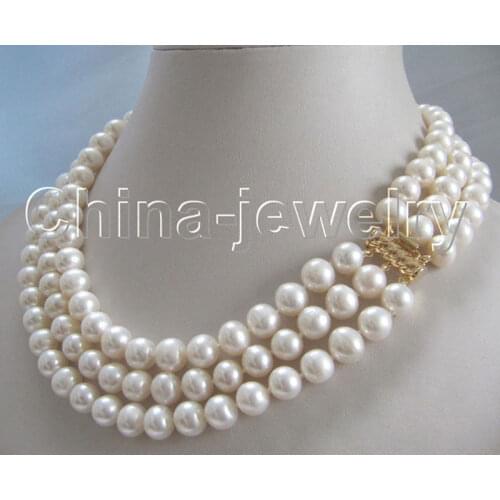 P1951 - AAA 17-19" 3row 8-9mm natural white round freshwater pearl necklace