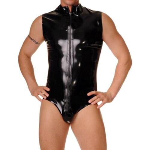Front zipper to ass design leotard jumpsuit mens black latex bodysuit bondage made of 0.4mm thickness natural latex materials