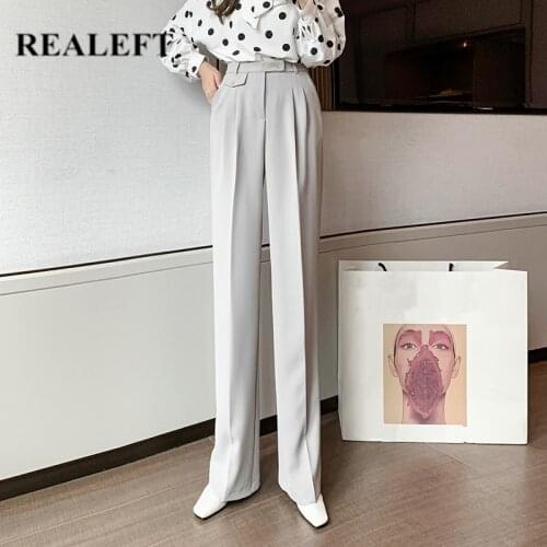 REALEFT 2021 New Spring Formal Wide Legged Pants Fashion Solid Color High Waist Elegant Office Lady Style Womens Long Trousers