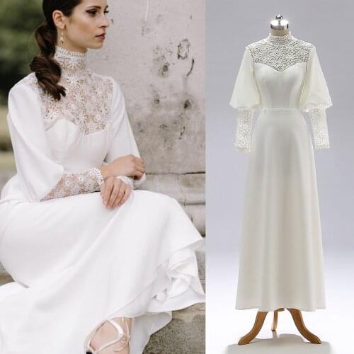 VINTAGE SIMPLE Soft Satin Floral Lace Bridal Gown High Neck Sheath Slim Fit Ankle Length Wedding Dress CUSTOM MADE #1288