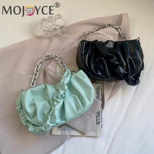 Luxurious Chains Messenger Bag Retro Women Pleated PU Semicircle Shoulder Underarm Bag Ladies Thick Chain Purse