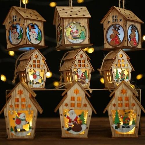 Christmas Hanging Ornament Wooden Crafts Cute Wooden House LED Light Up Christmas Tree Ornament Home DIY Accessories