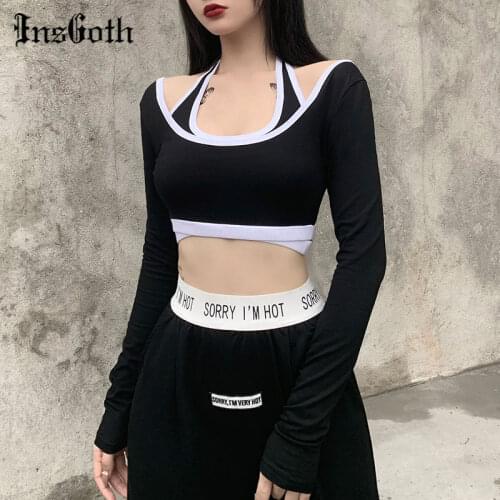InsGoth Punk Sexy Women 2 Pieces Crop Top Gothic Harajuku Bodycon Sleeveless Crop Tops And Streetwear Long Sleeve Hollow Out Top