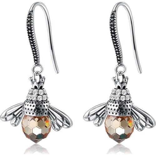 COCOM 925 Sterling Silver Lovely Bee Animal Vintage Drop Earrings for Women Austria Crystal and Cubic Zirconia Fine Jewelry Gift