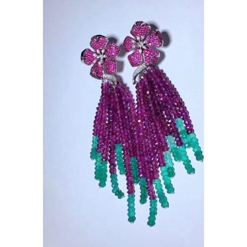 Semi-precious stone tassels earring 925 sterling silver with cubic zircon flower drop earring long tassels multi layers cute